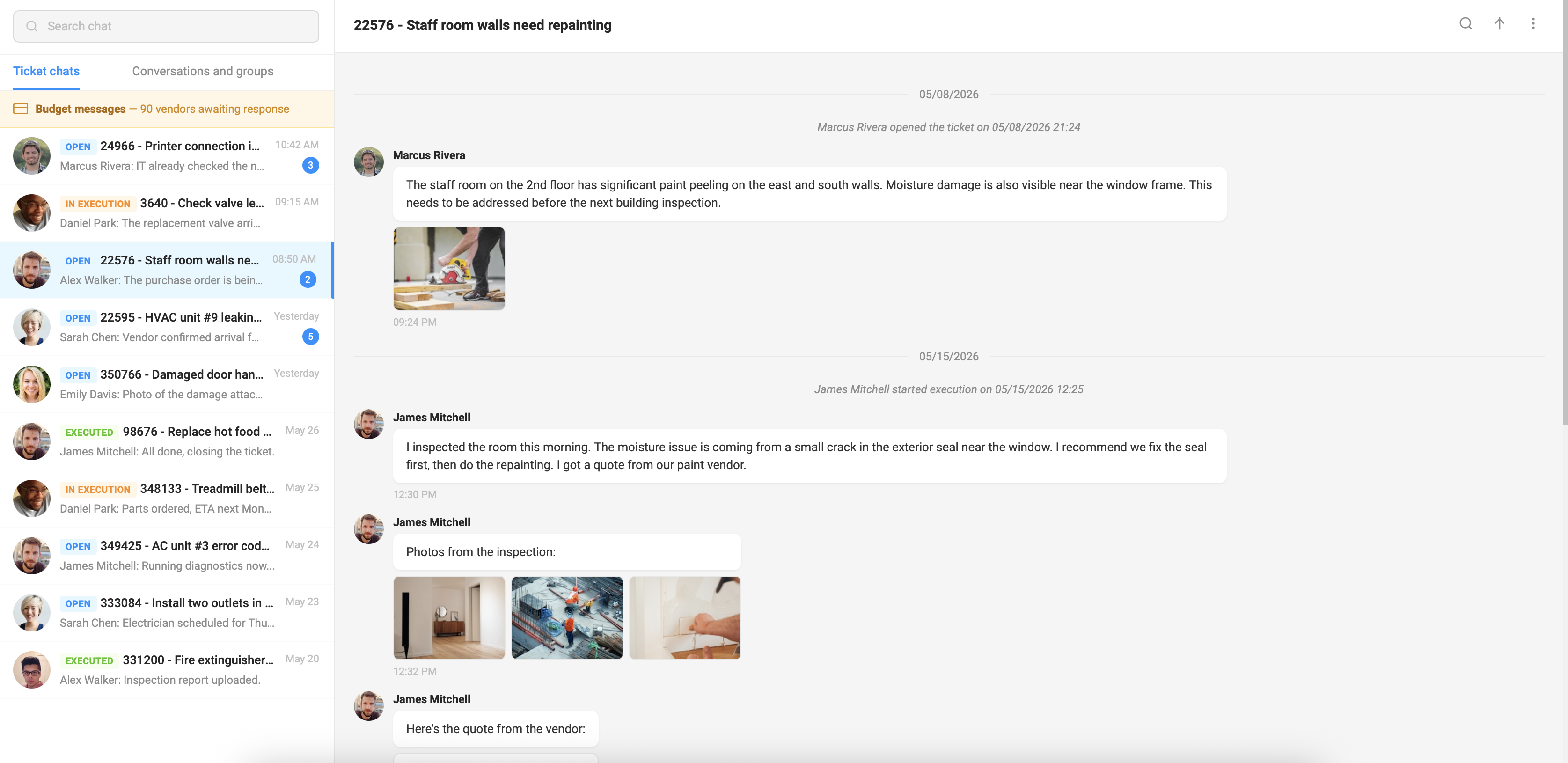 Trilogo built-in chat showing inspection photos, vendor quotes, and team coordination on a maintenance ticket