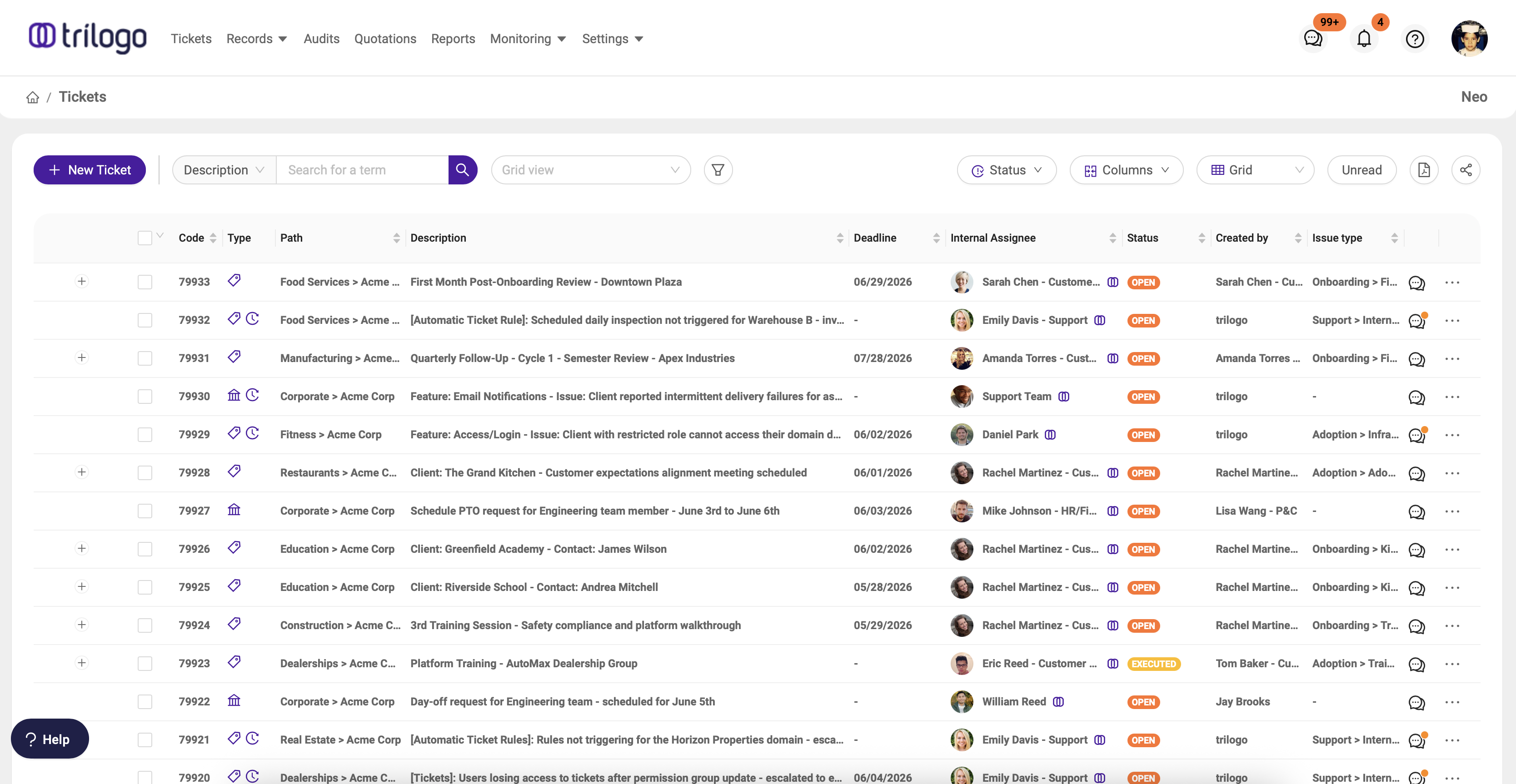 Trilogo ticket grid showing work orders with status, assignees, and deadlines